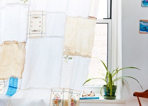 A quirky curtain made from recycled napkins